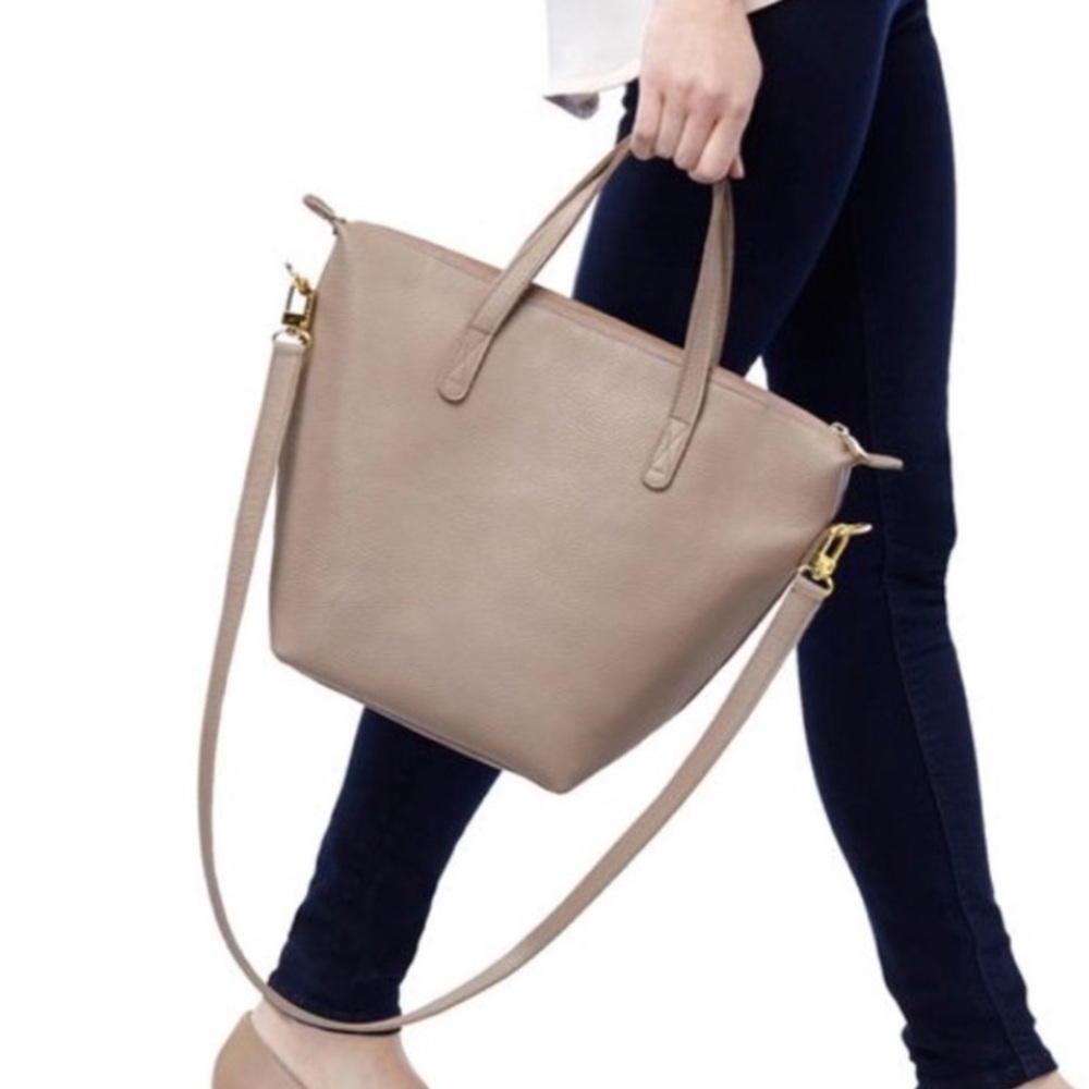 Cuyana Taupe Leather Tote with Gold Hardware